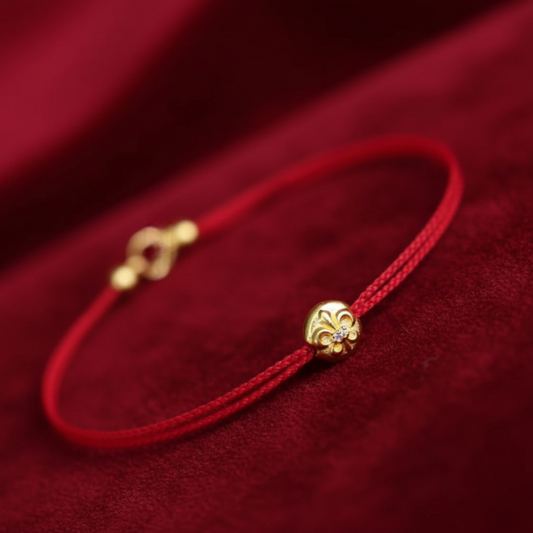 24k 999 Gold Cross Floral Moissanite Charm Red Braided Rope Bracelet