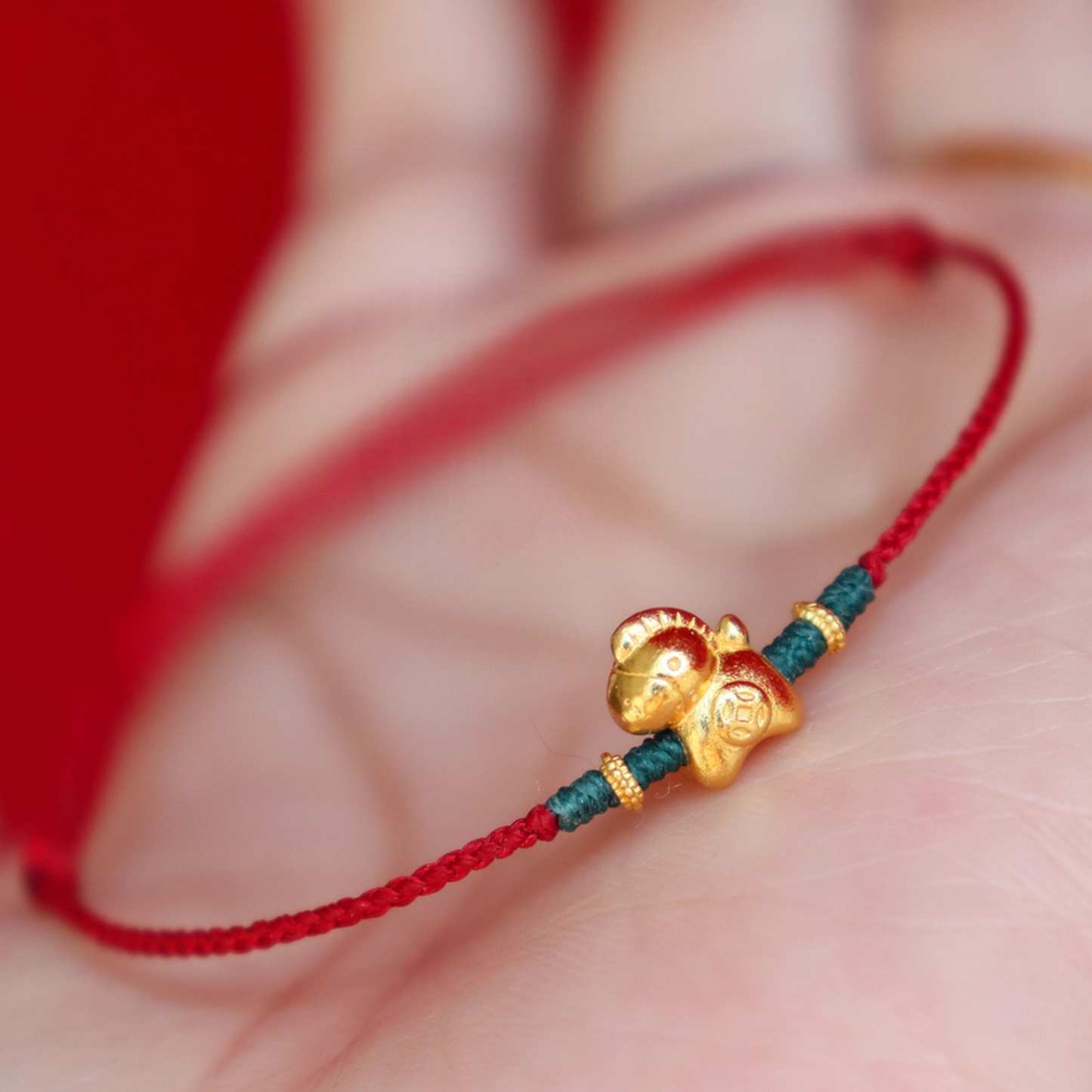 24k 999 Gold Year of Horse Charm Red Braided Rope Bracelet