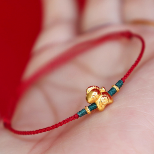 24k 999 Gold Year of Horse Charm Red Braided Rope Bracelet