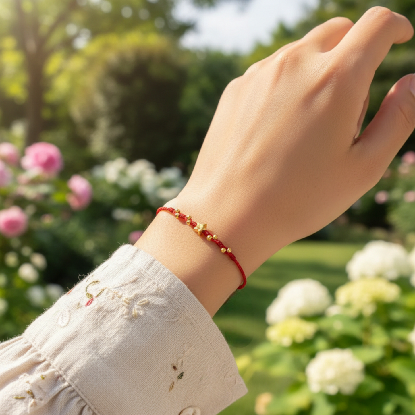 24k 999 Gold Star Beads Charm Adjustable Length Braided Rope Bracelet