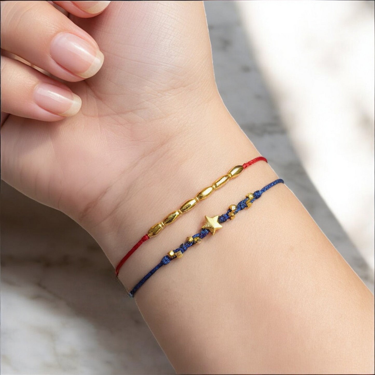 24k 999 Gold Star Beads Charm Adjustable Length Braided Rope Bracelet