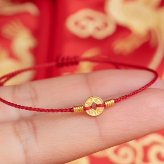 24k 999 Gold Chinese Coin Charm Adjustable Length Braided Rope Bracelet Bring Wealth