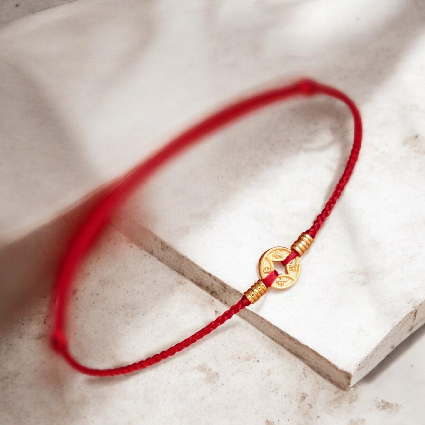 24k 999 Gold Chinese Coin Charm Adjustable Length Braided Rope Bracelet Bring Wealth