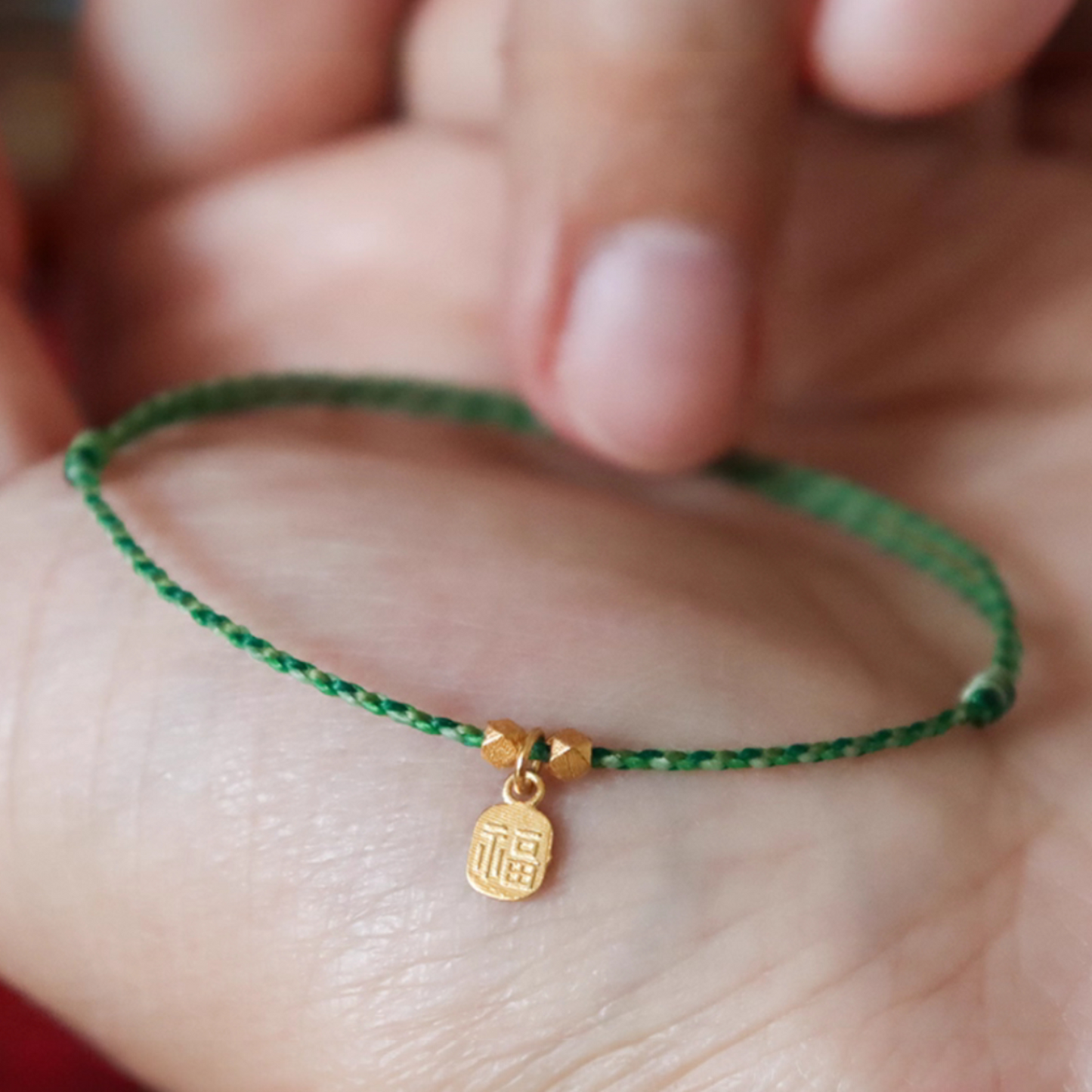 18K Gold Blessing Joy Chinese Fu Charm Minimal Braided String Rope Bracelet