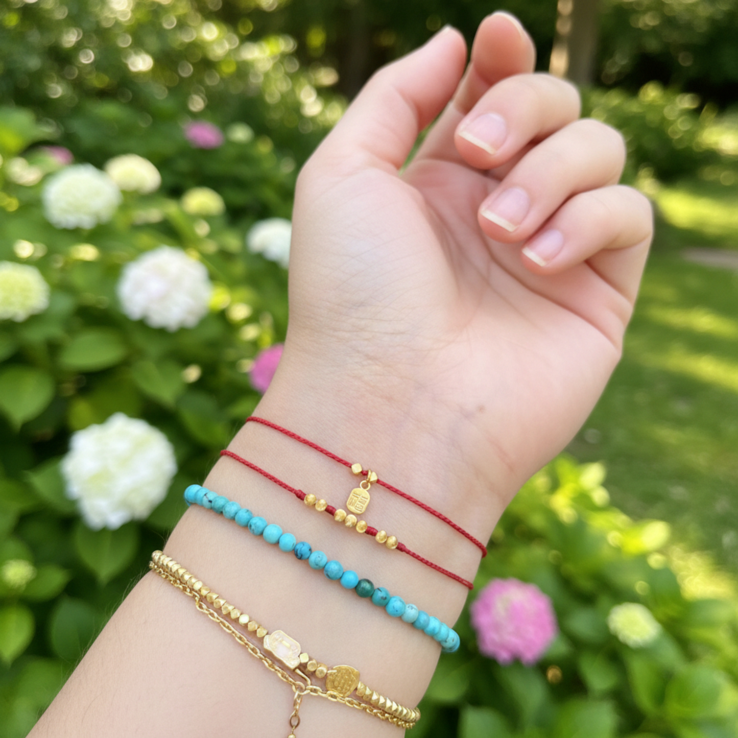 18K Gold Blessing Joy Chinese Fu Charm Minimal Braided String Rope Bracelet