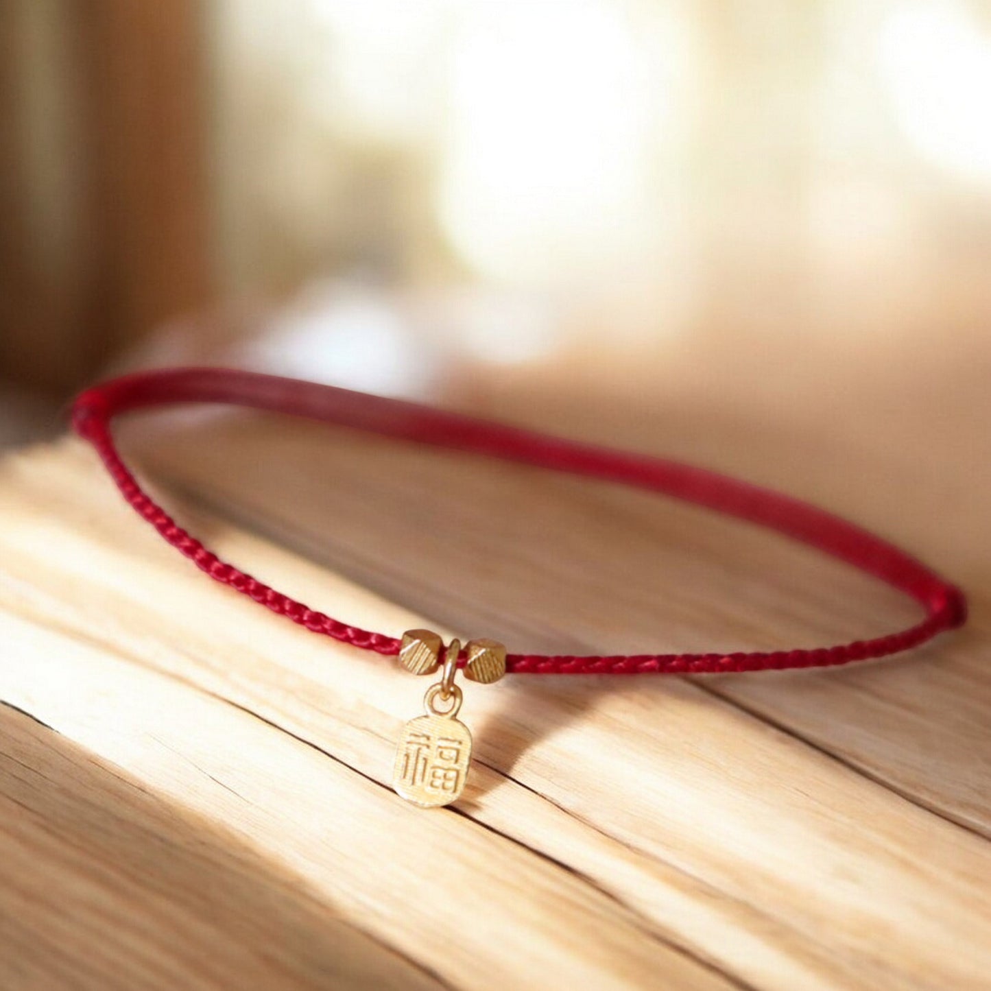 18K Gold Blessing Joy Chinese Fu Charm Minimal Braided String Rope Bracelet