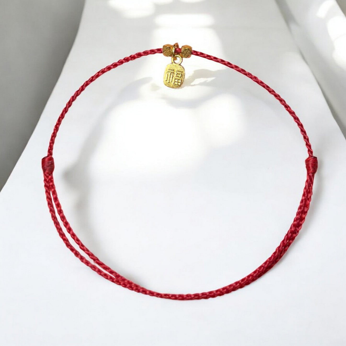 18K Gold Blessing Joy Chinese Fu Charm Minimal Braided String Rope Bracelet