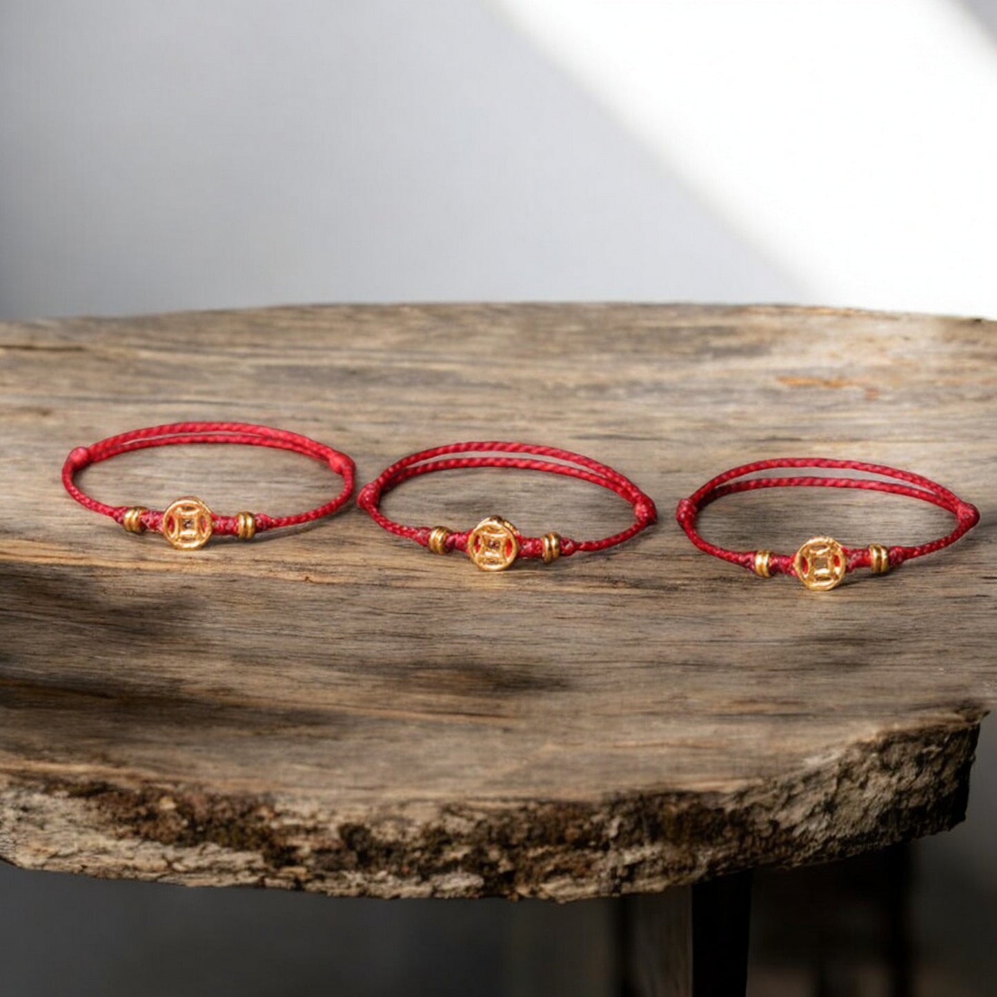 24K Gold Lucky Chinese Coin Rope Adjustable Hand-Woven Ring