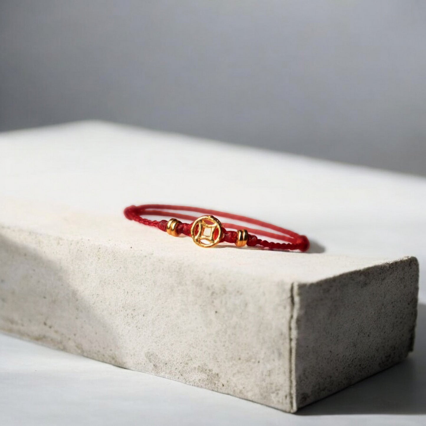 24K Gold Lucky Chinese Coin Rope Adjustable Hand-Woven Ring