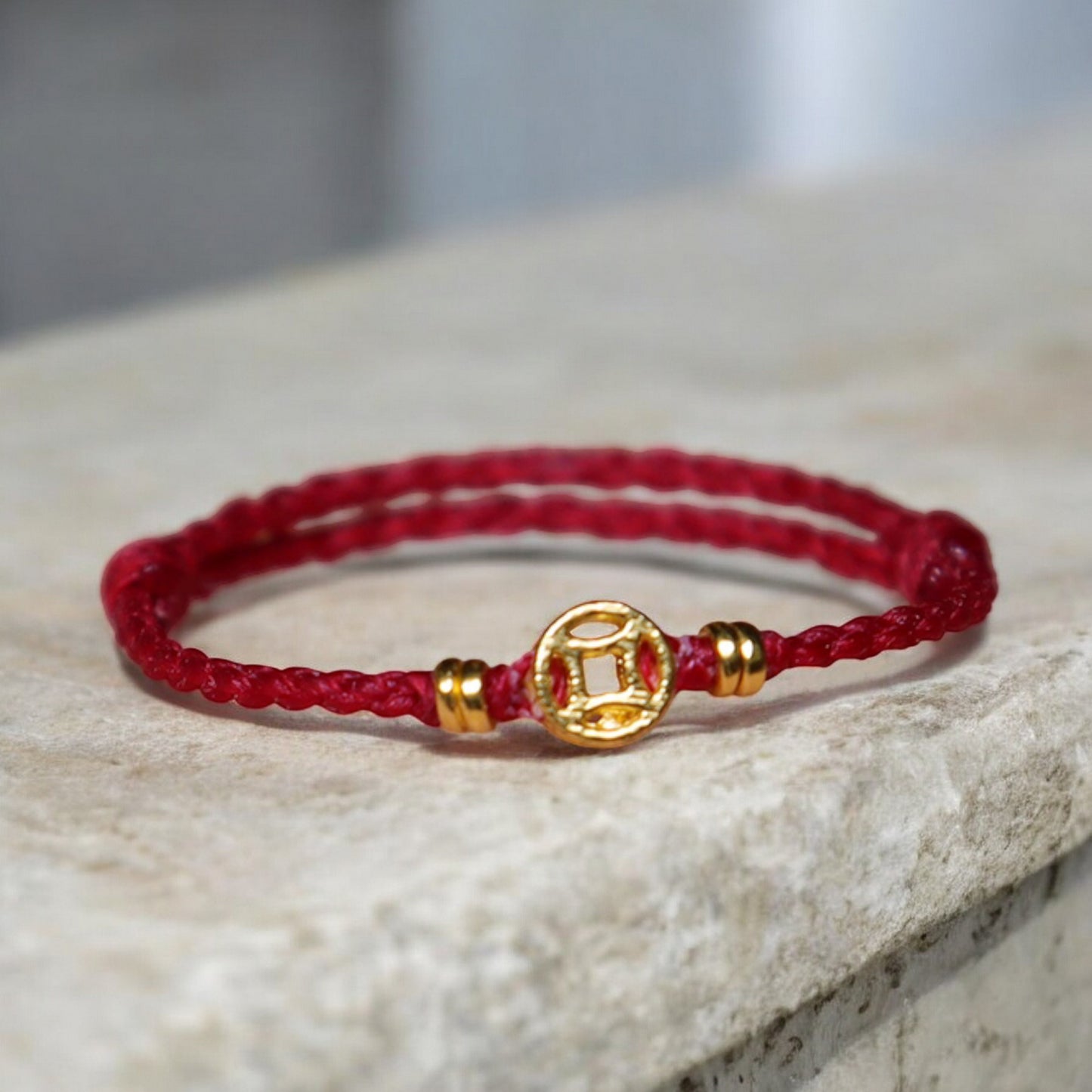 24K Gold Lucky Chinese Coin Rope Adjustable Hand-Woven Ring