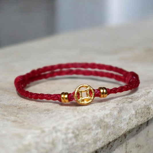 24K Gold Lucky Chinese Coin Rope Adjustable Hand-Woven Ring
