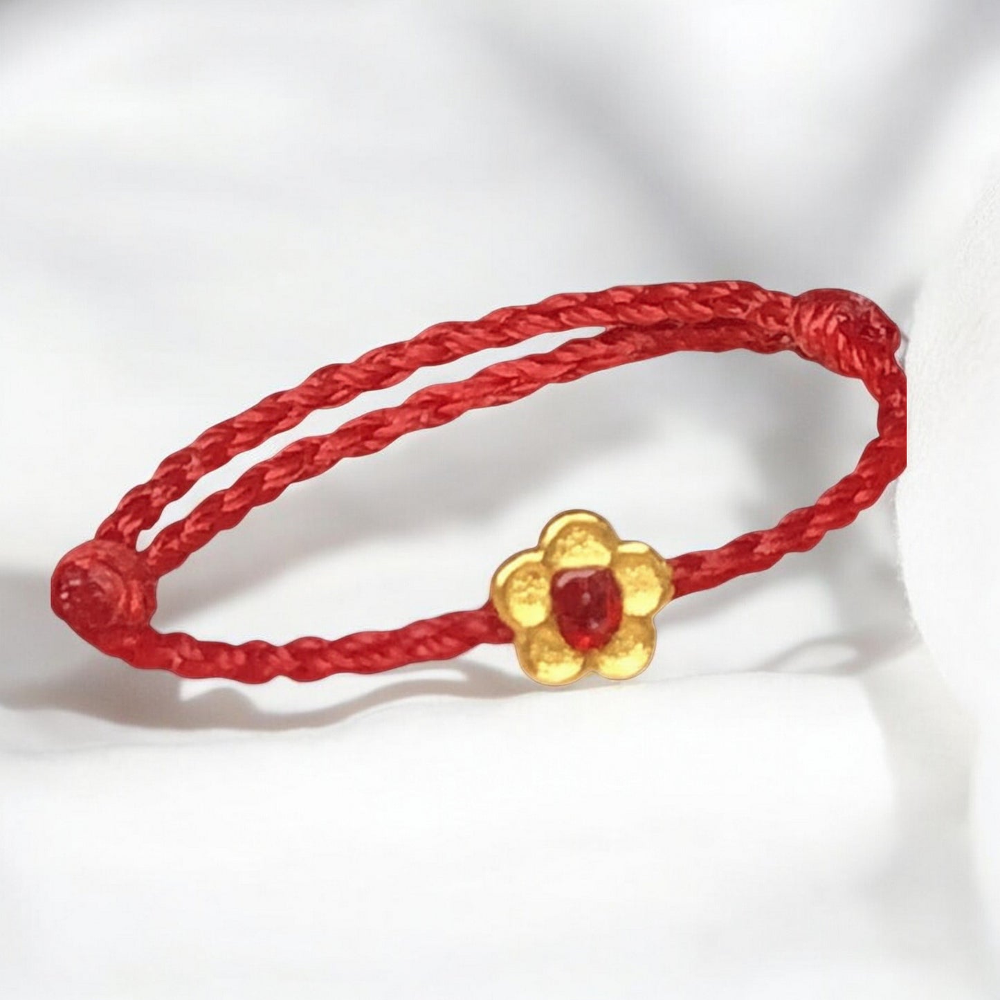 24K Gold Lucky Plum Blossom Flower Charm Adjustable Hand-Woven Ring
