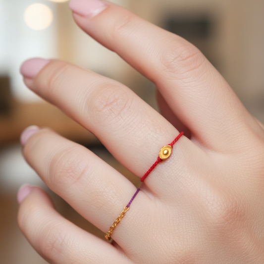 18K Gold Lucky Ingot Chinese Yuanbao Charm Rope String Hand-Woven Ring