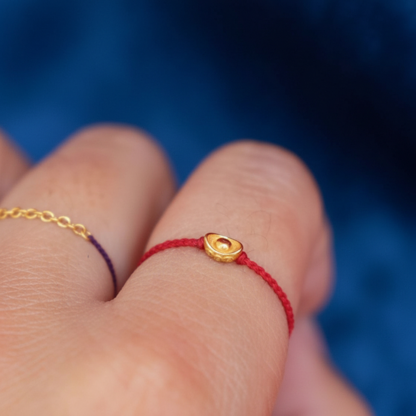 18K Gold Lucky Ingot Chinese Yuanbao Charm Rope String Hand-Woven Ring