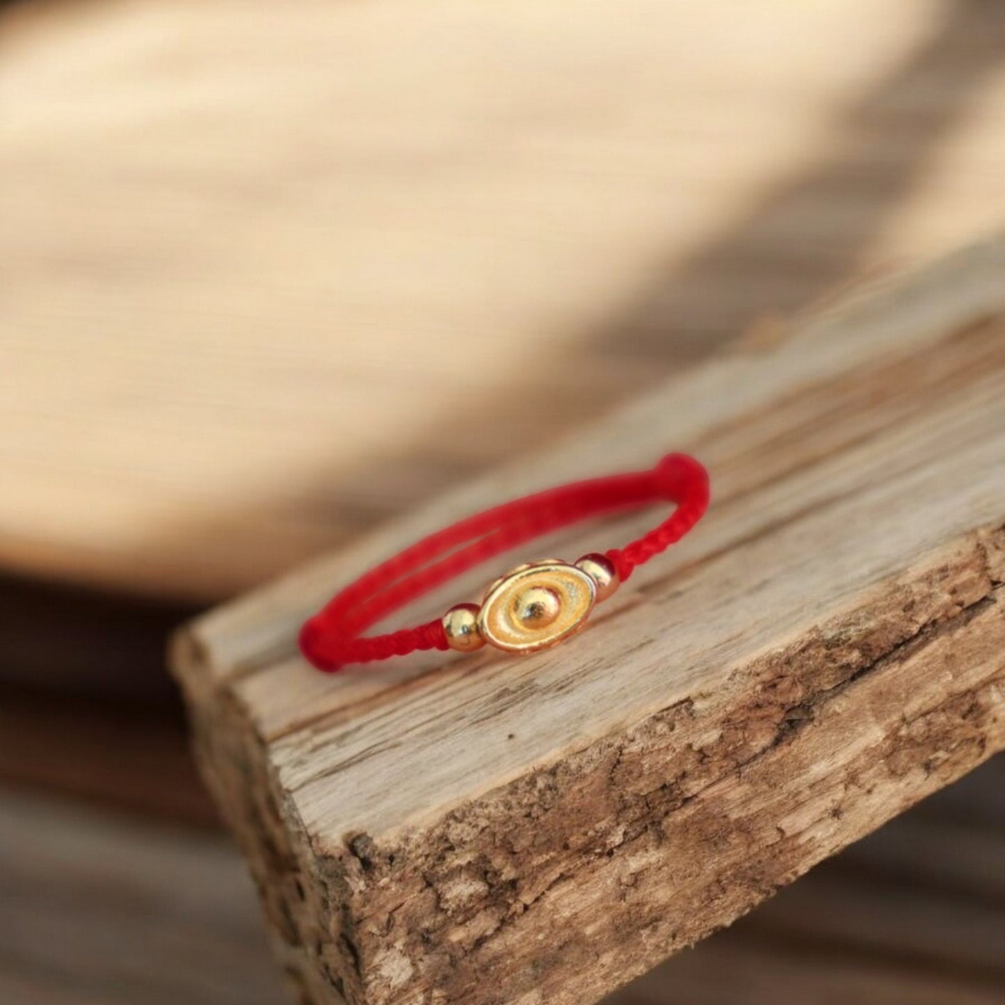 18K Gold Lucky Ingot Chinese Yuanbao Charm Rope String Hand-Woven Ring