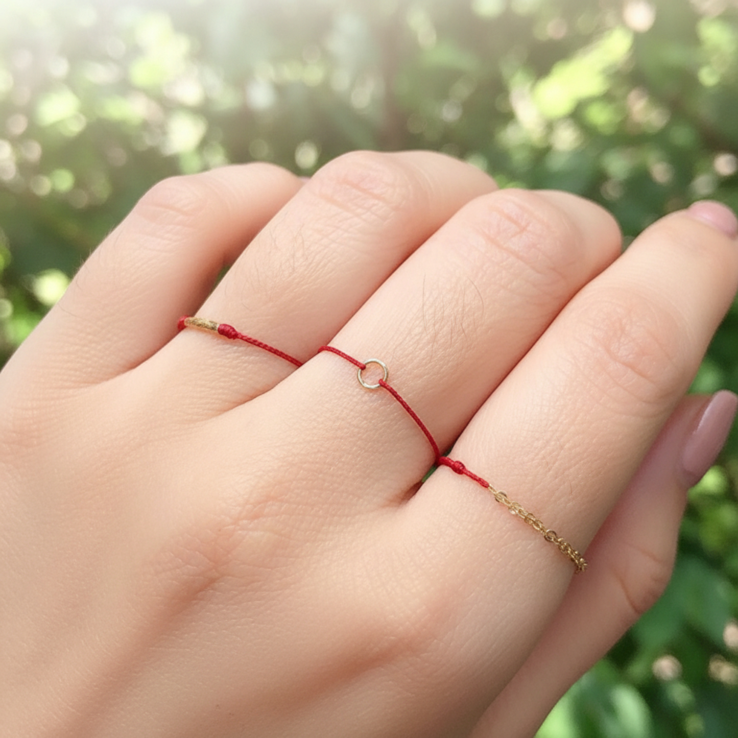 18K Gold Lucky Infinity Loop Round Charm Rope Adjustable Hand-Woven Ring