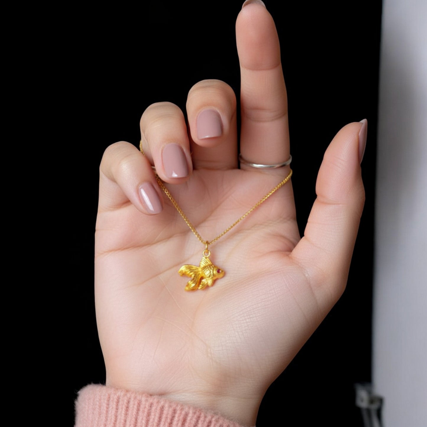 24K 999 Pure Gold Hand-Engraved Goldfish Fish Pendant