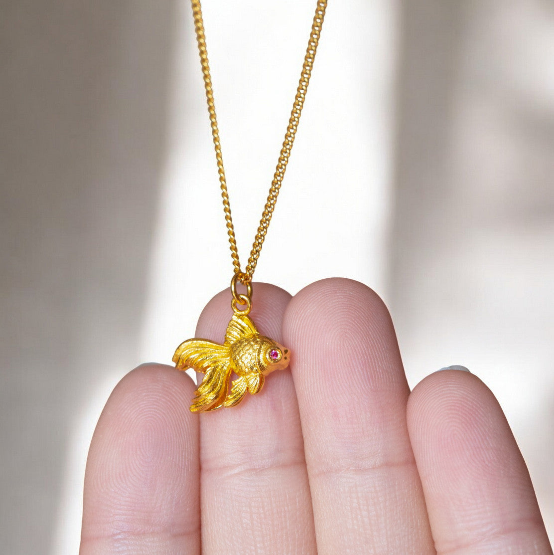 24K 999 Pure Gold Hand-Engraved Goldfish Fish Pendant