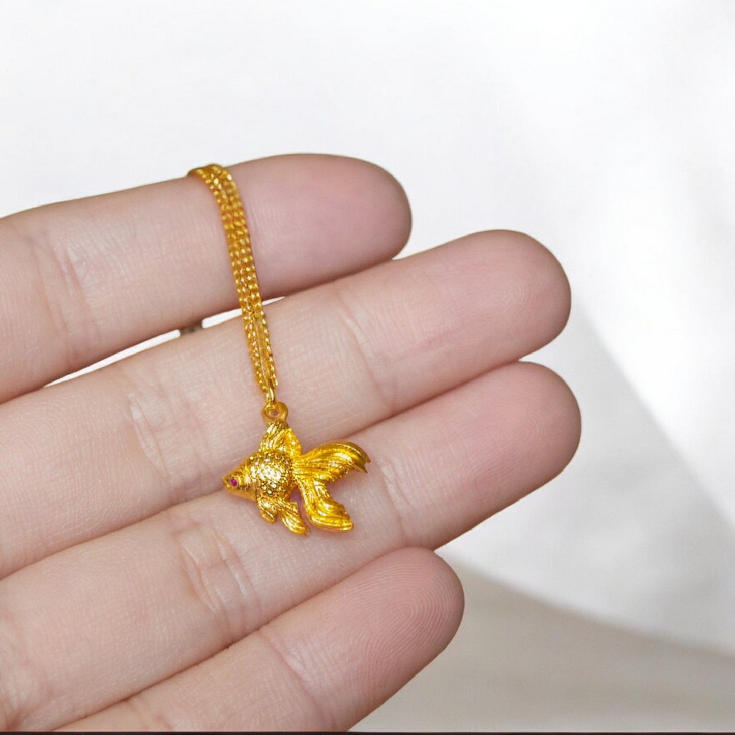 24K 999 Pure Gold Hand-Engraved Goldfish Fish Pendant