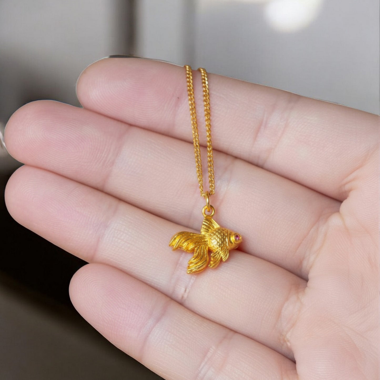 24K 999 Pure Gold Hand-Engraved Goldfish Fish Pendant