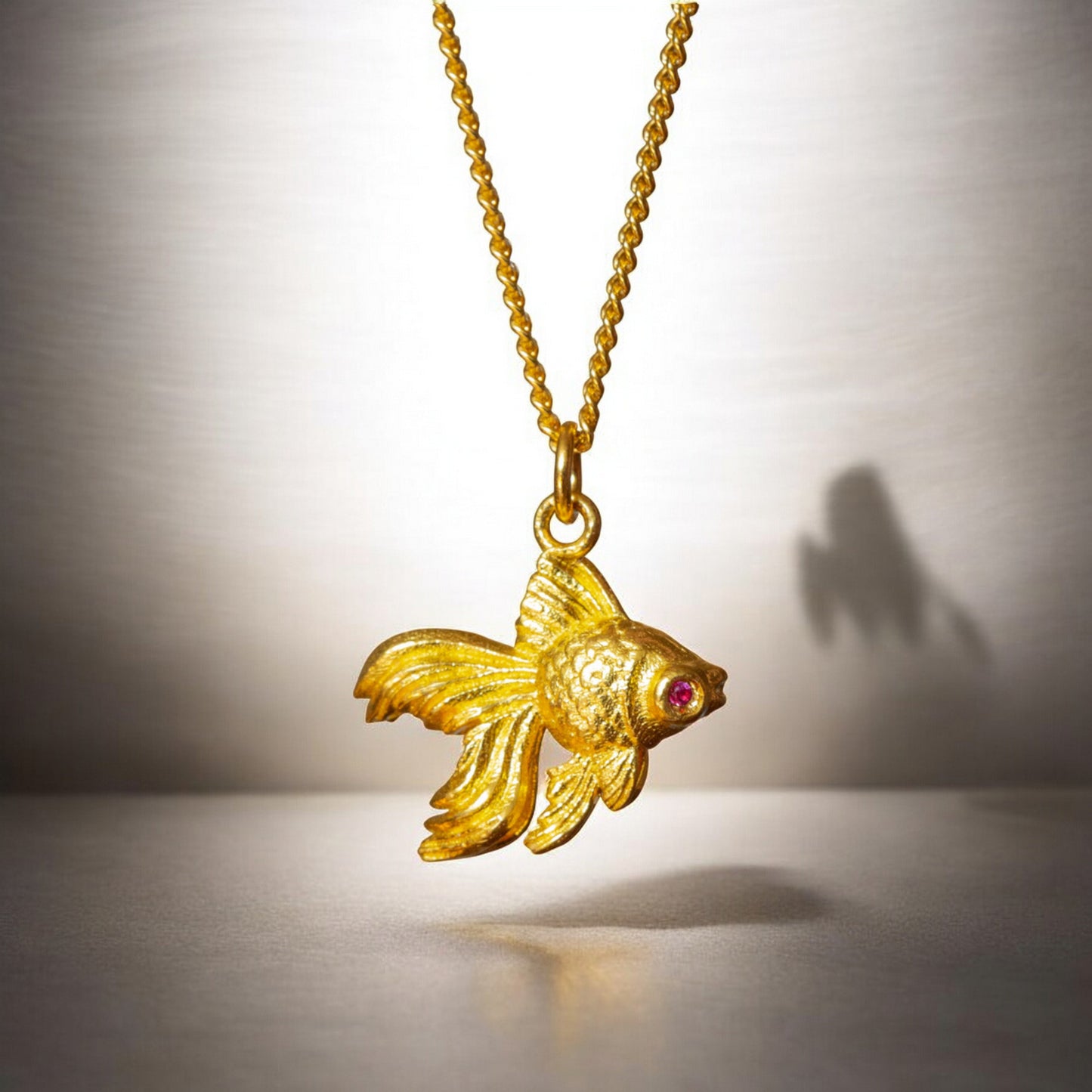 24K 999 Pure Gold Hand-Engraved Goldfish Fish Pendant