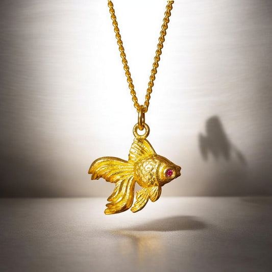 24K 999 Pure Gold Hand-Engraved Goldfish Fish Pendant