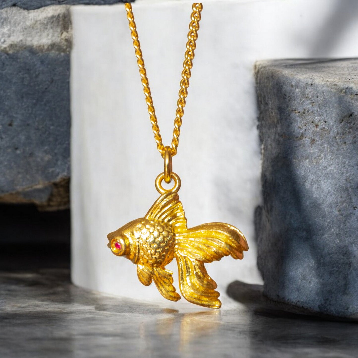 24K 999 Pure Gold Hand-Engraved Goldfish Fish Pendant