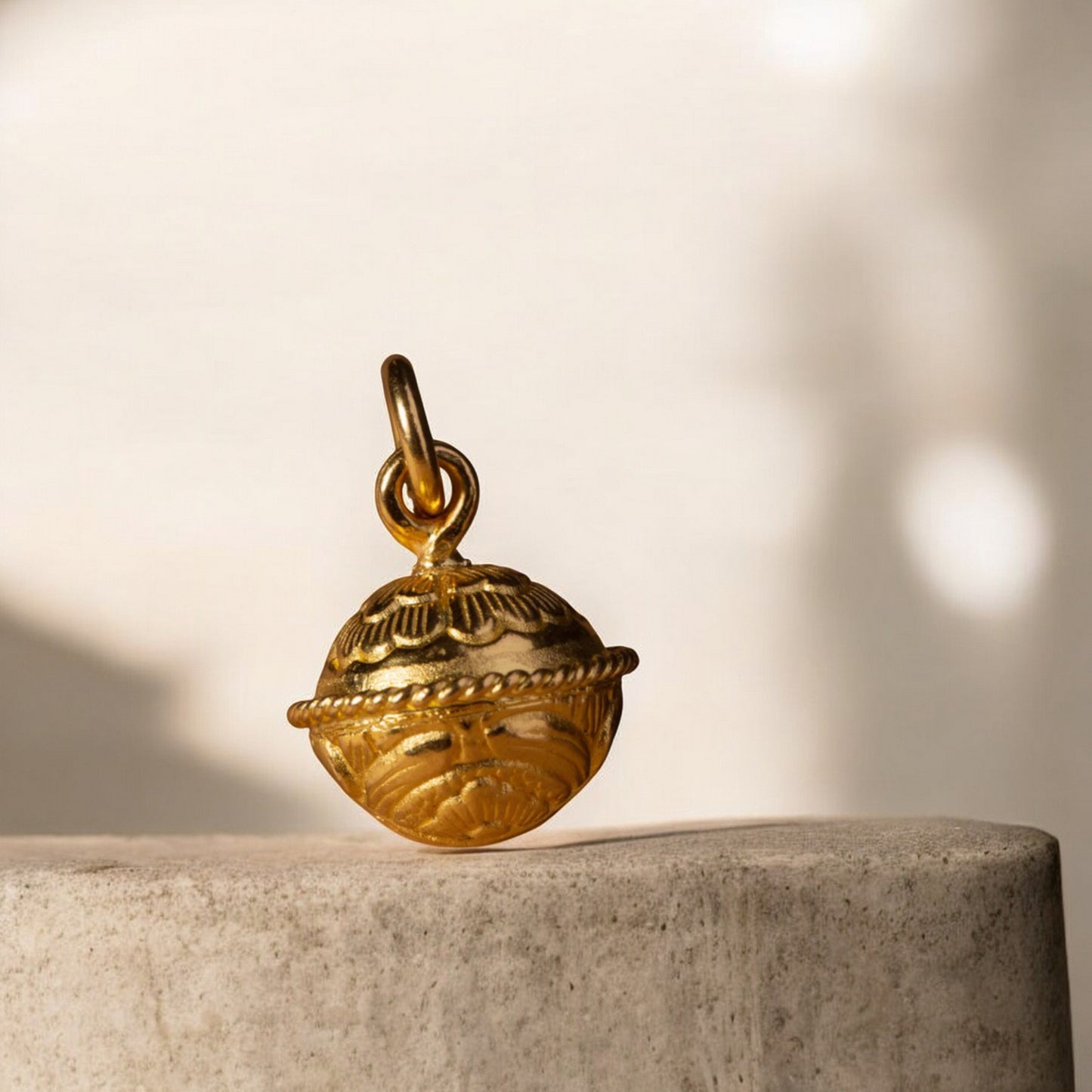 24K 999 Pure Gold Engraved Peony Flower Bell D.I.Y Charm Pendant
