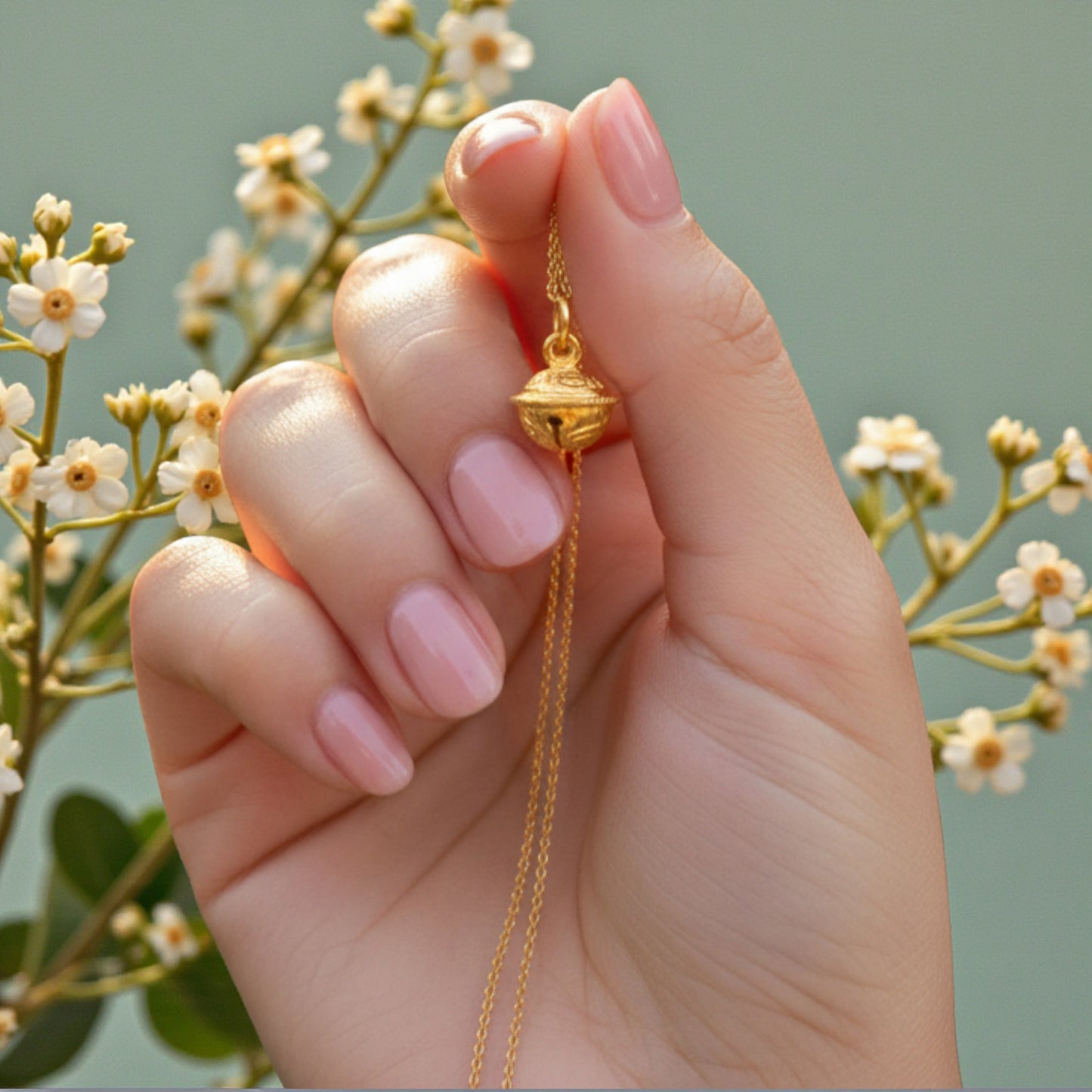 24K 999 Pure Gold Engraved Peony Flower Bell D.I.Y Charm Pendant