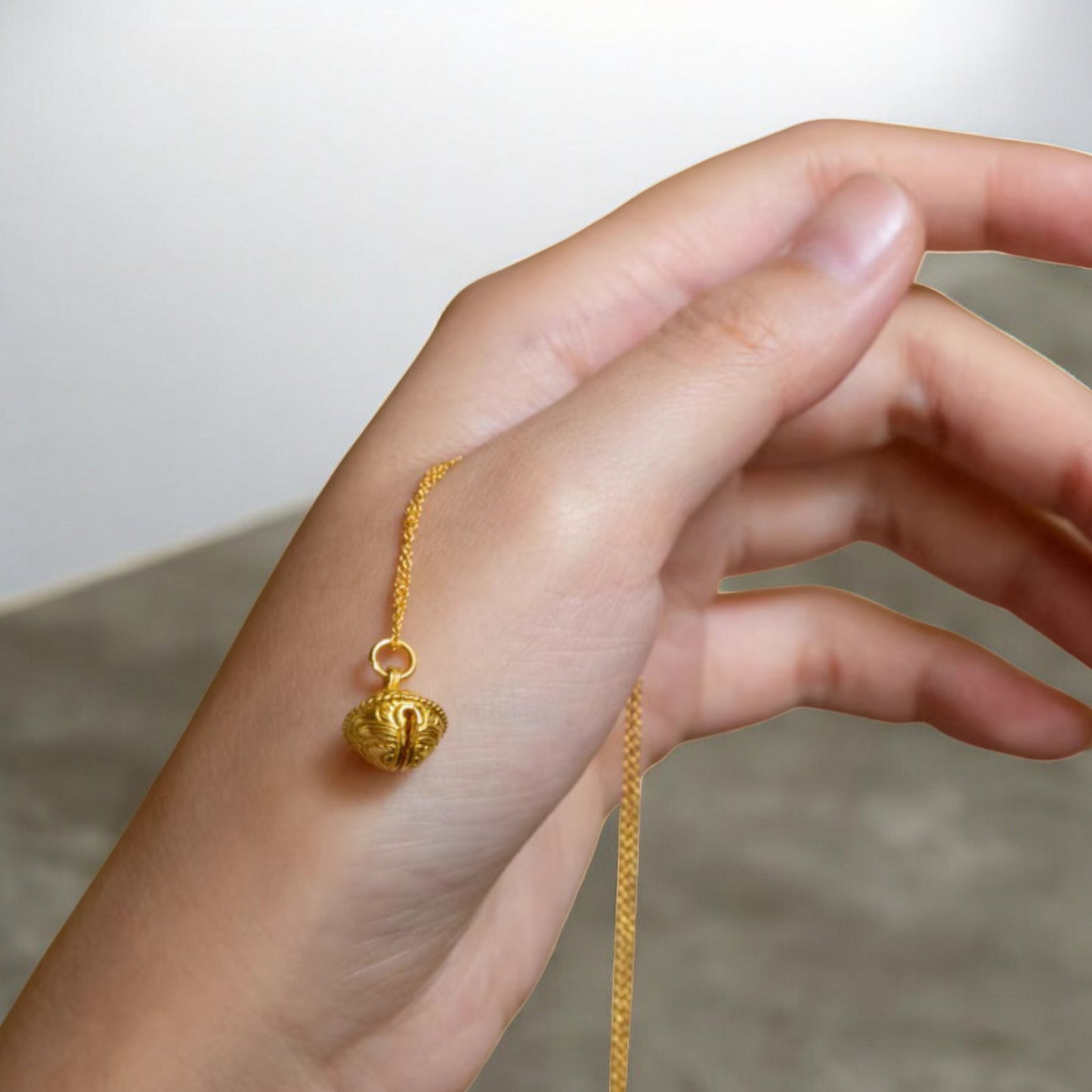 24K 999 Pure Gold Engraved Peony Flower Bell D.I.Y Charm Pendant
