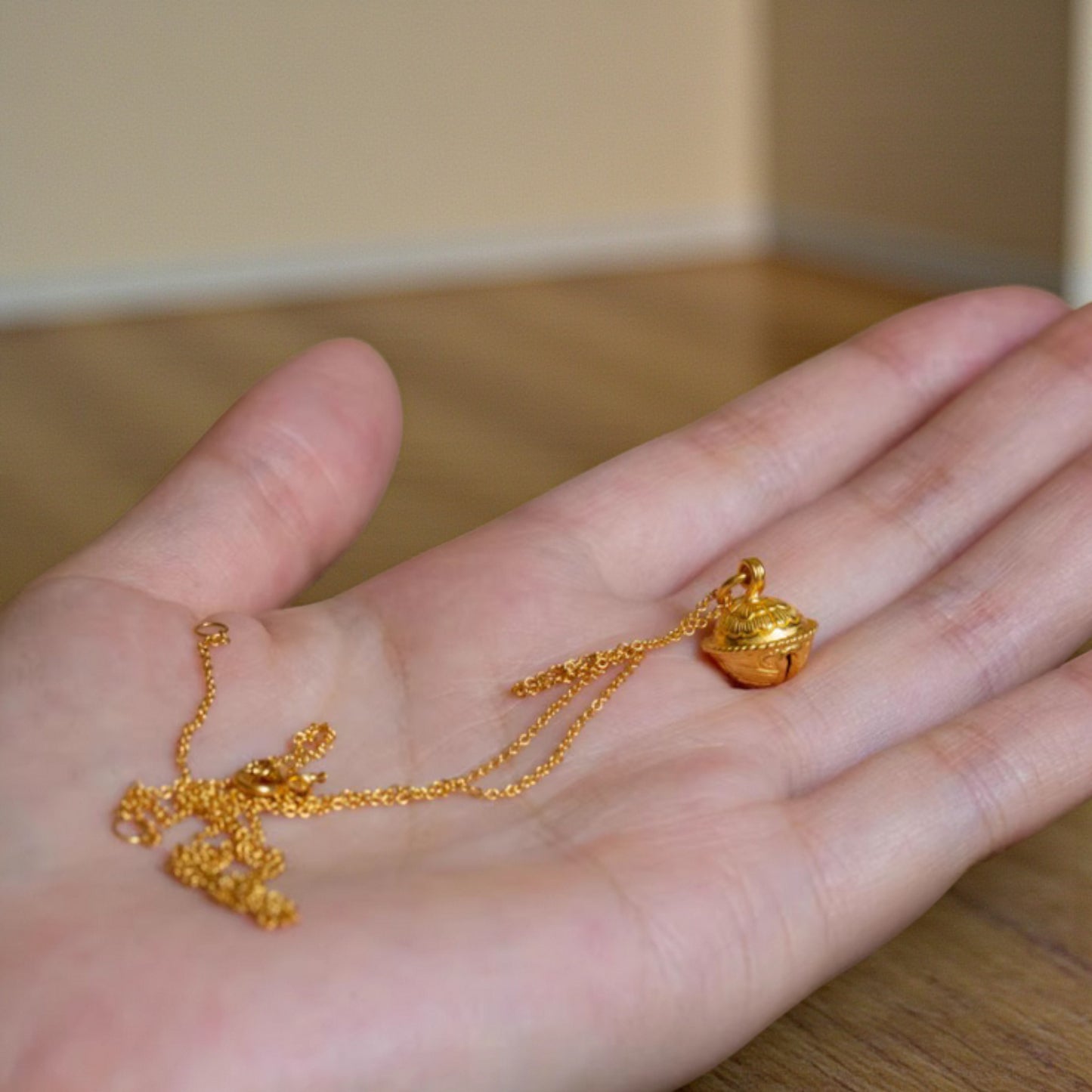 24K 999 Pure Gold Engraved Peony Flower Bell D.I.Y Charm Pendant