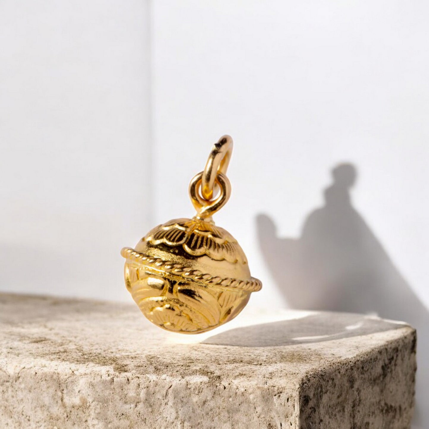 24K 999 Pure Gold Engraved Peony Flower Bell D.I.Y Charm Pendant