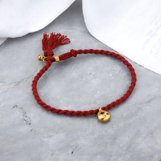 24K Pure 999 Gold Lucky Bell and Lock Charm Red Rope Adjustable Hand-Woven Bracelet