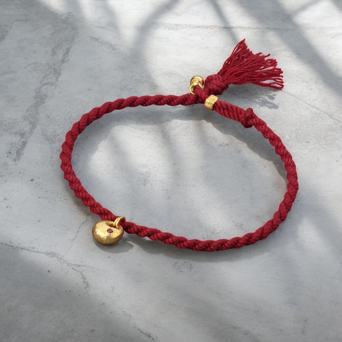 24K Pure 999 Gold Lucky Bell and Lock Charm Red Rope Adjustable Hand-Woven Bracelet
