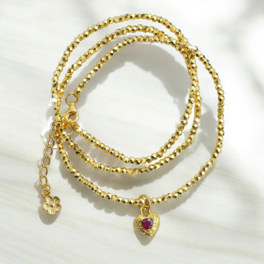 24K Pure 999 Gold Hammered Antique Style Heart Red Ruby Pendant Beads Necklace