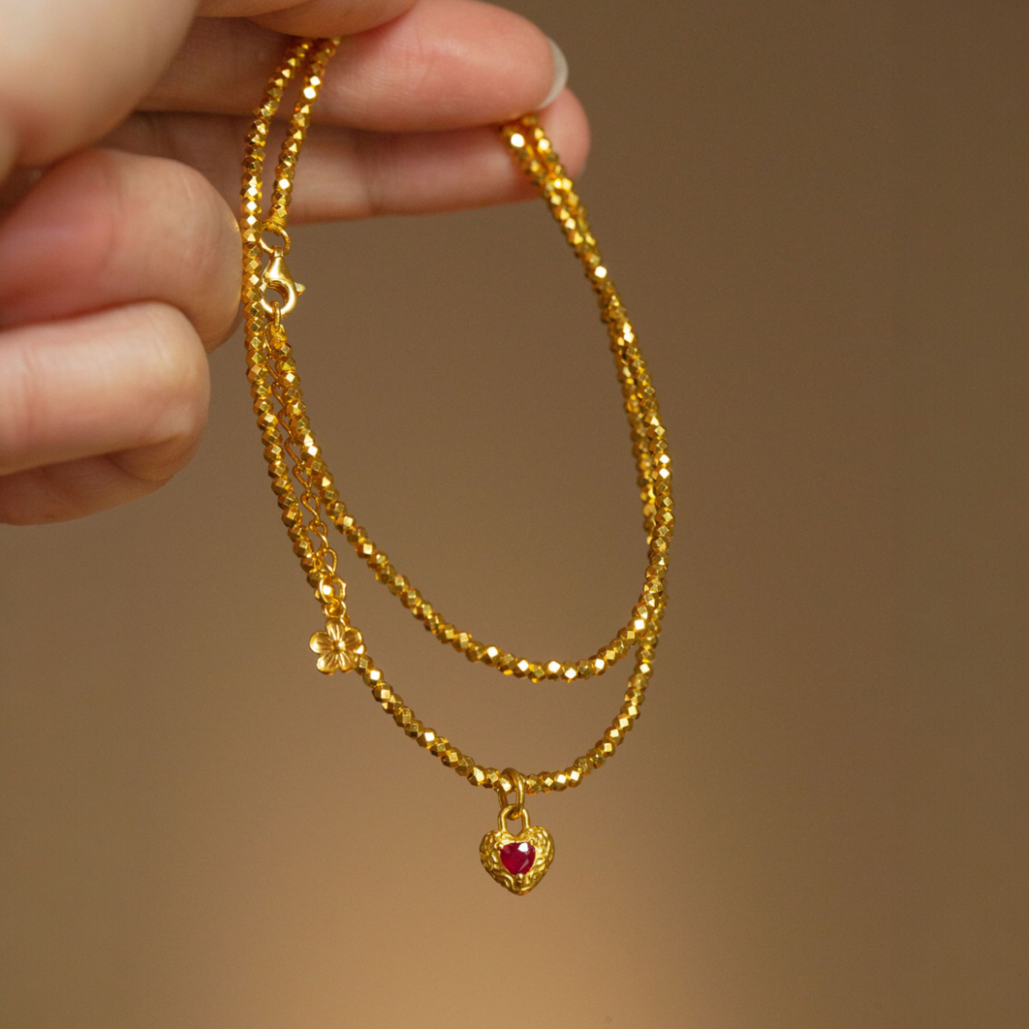 24K Pure 999 Gold Hammered Antique Style Heart Red Ruby Pendant Beads Necklace