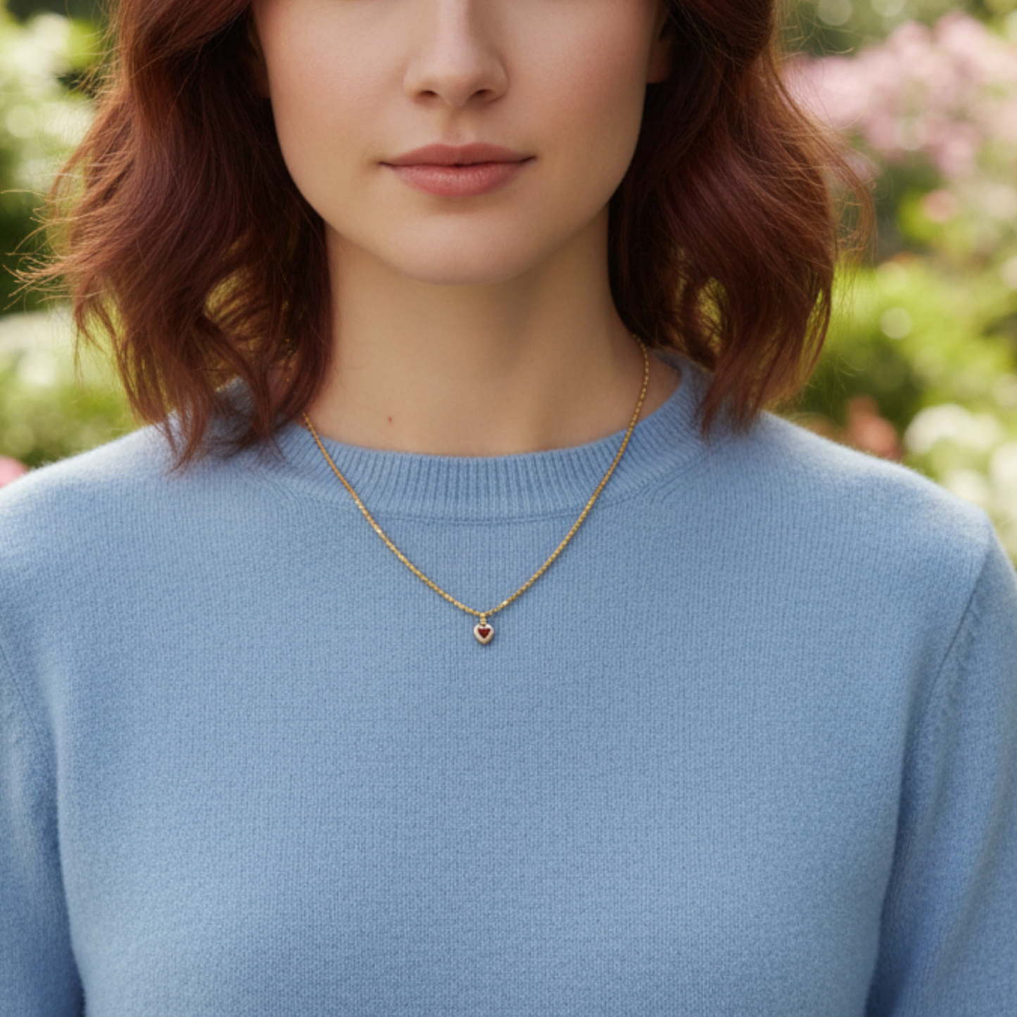 24K Pure 999 Gold Hammered Antique Style Heart Red Ruby Pendant Beads Necklace