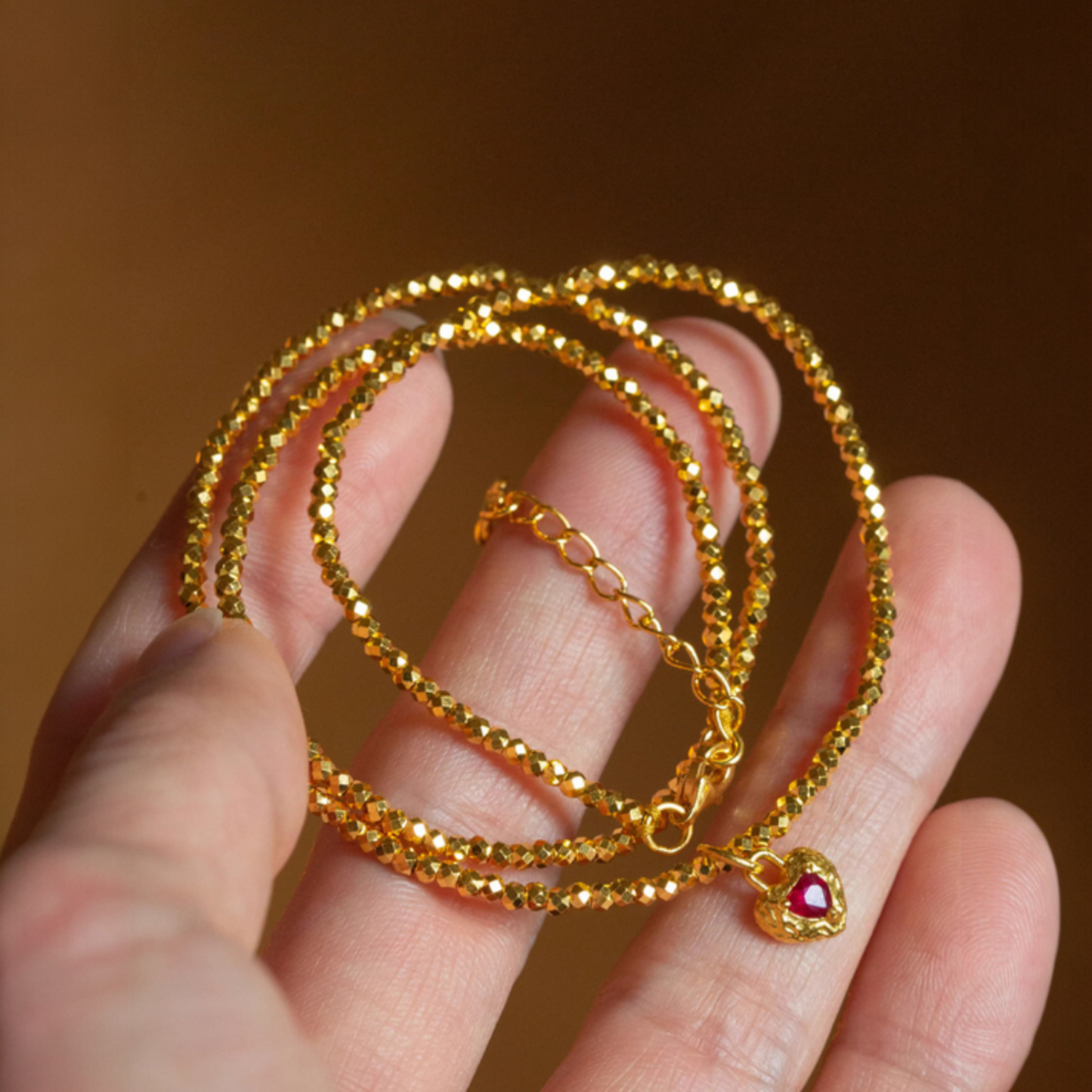 24K Pure 999 Gold Hammered Antique Style Heart Red Ruby Pendant Beads Necklace