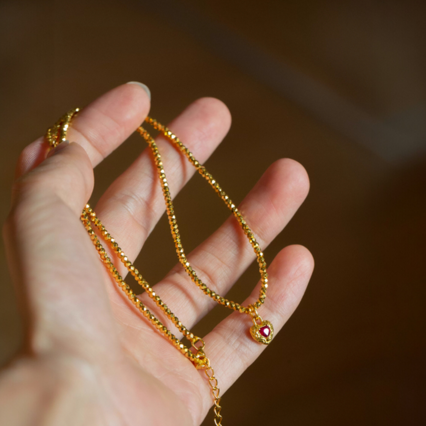 24K Pure 999 Gold Hammered Antique Style Heart Red Ruby Pendant Beads Necklace