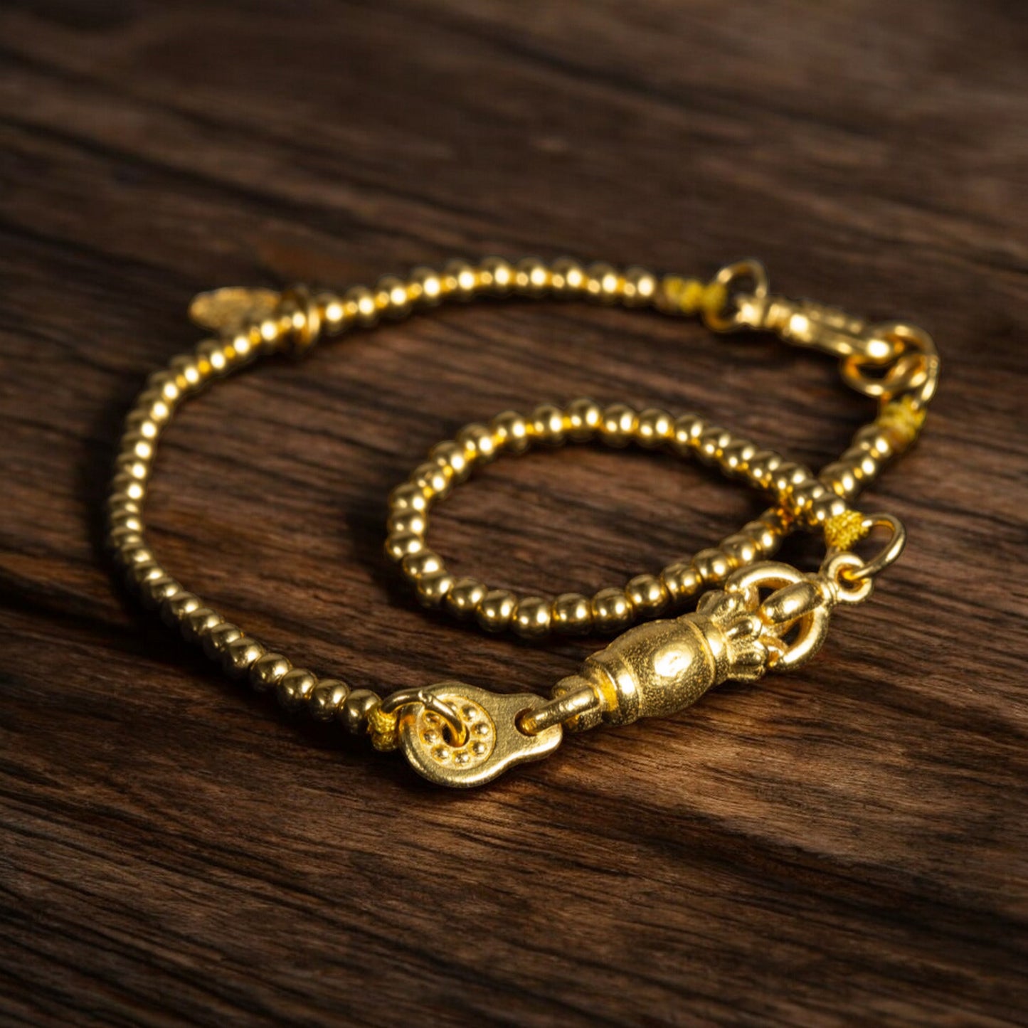 24K Pure 999 Gold Vajra Charm Five Wealth Gods Beads Bracelet