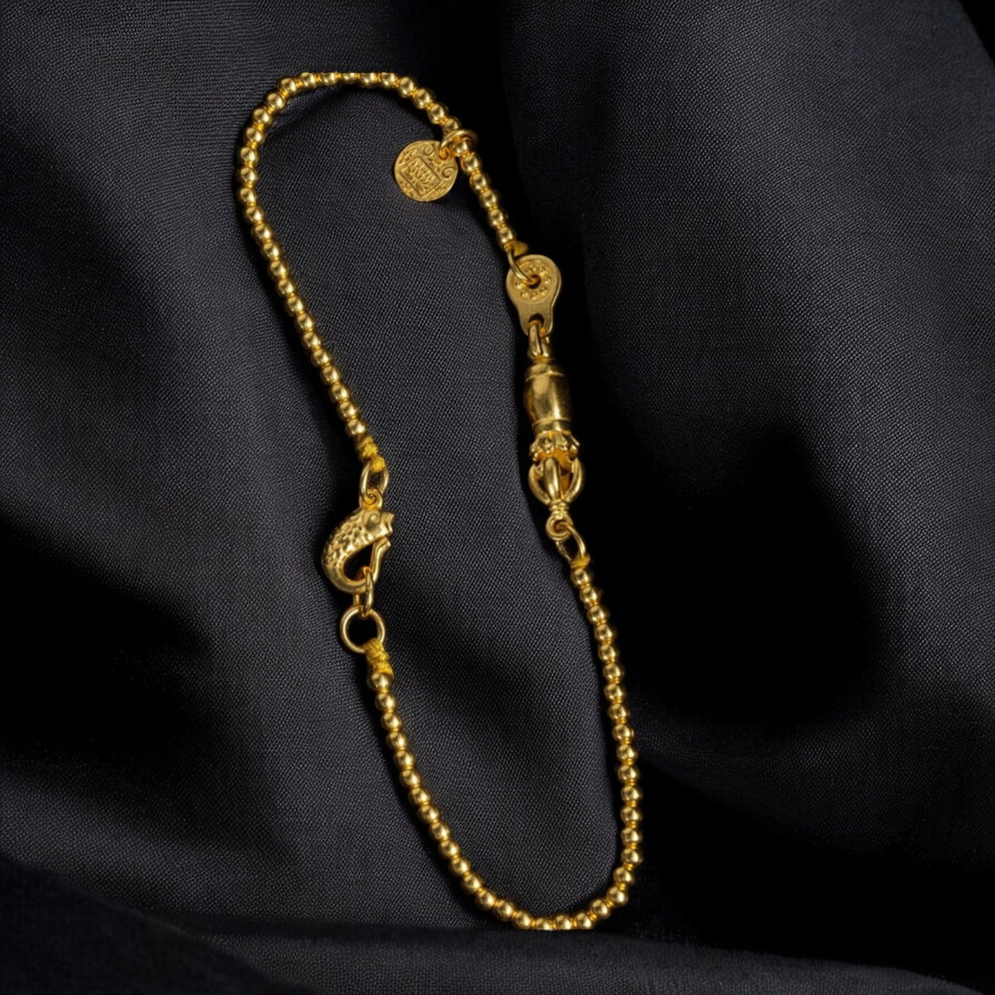 24K Pure 999 Gold Vajra Charm Five Wealth Gods Beads Bracelet