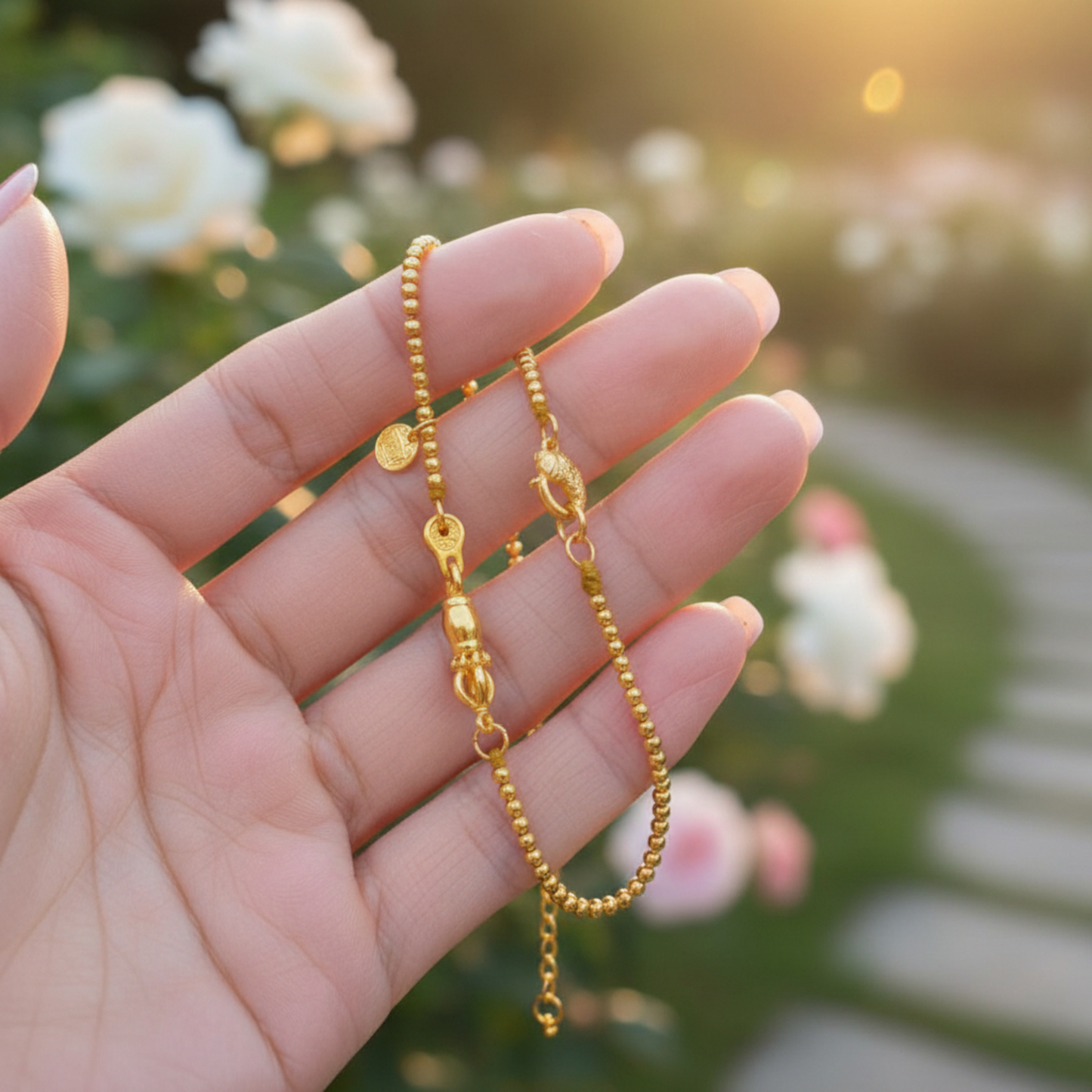 24K Pure 999 Gold Vajra Charm Five Wealth Gods Beads Bracelet