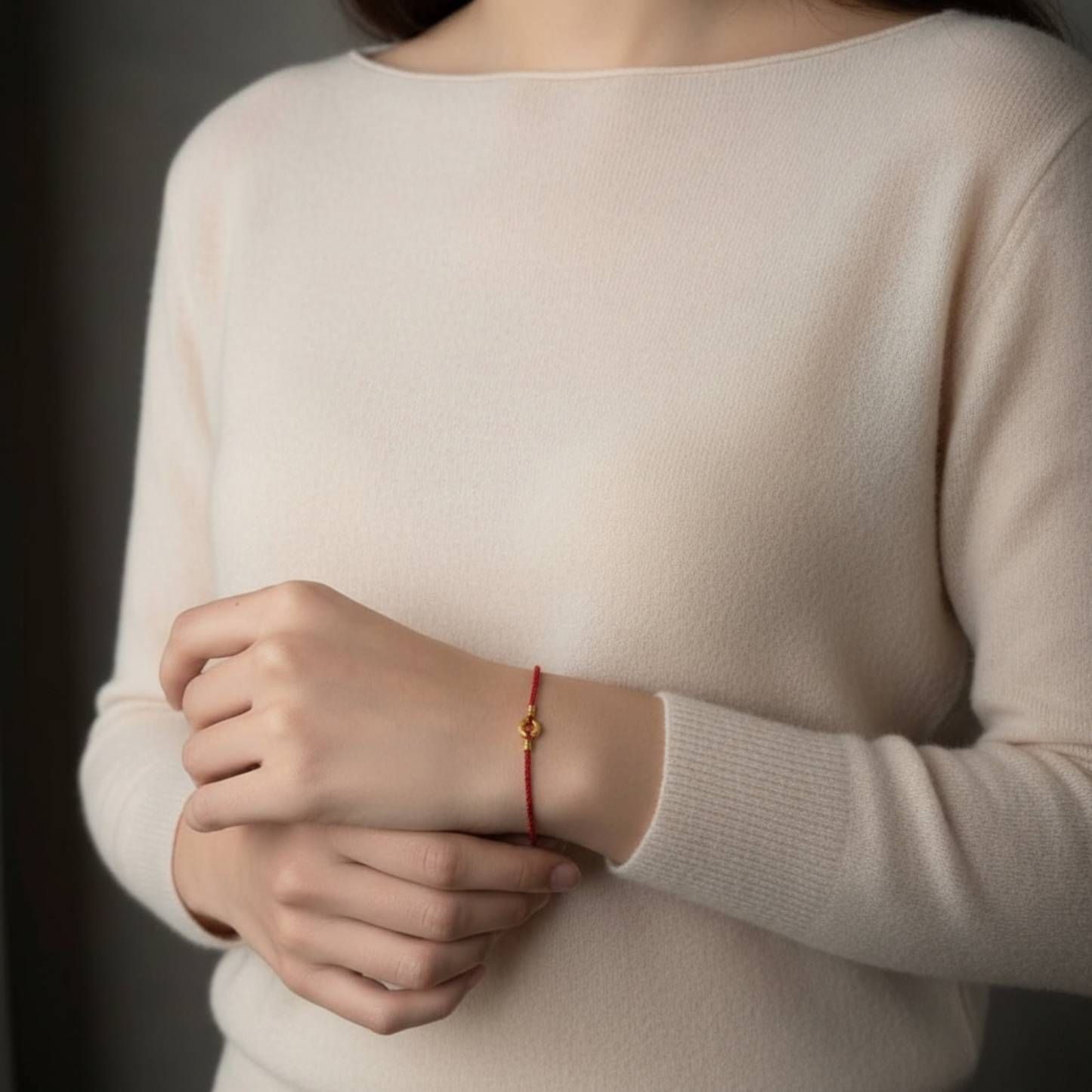 24K Pure 999 Gold Safety Buckle Lucky Cloud Round Charm Red Rope Adjustable Bracelet