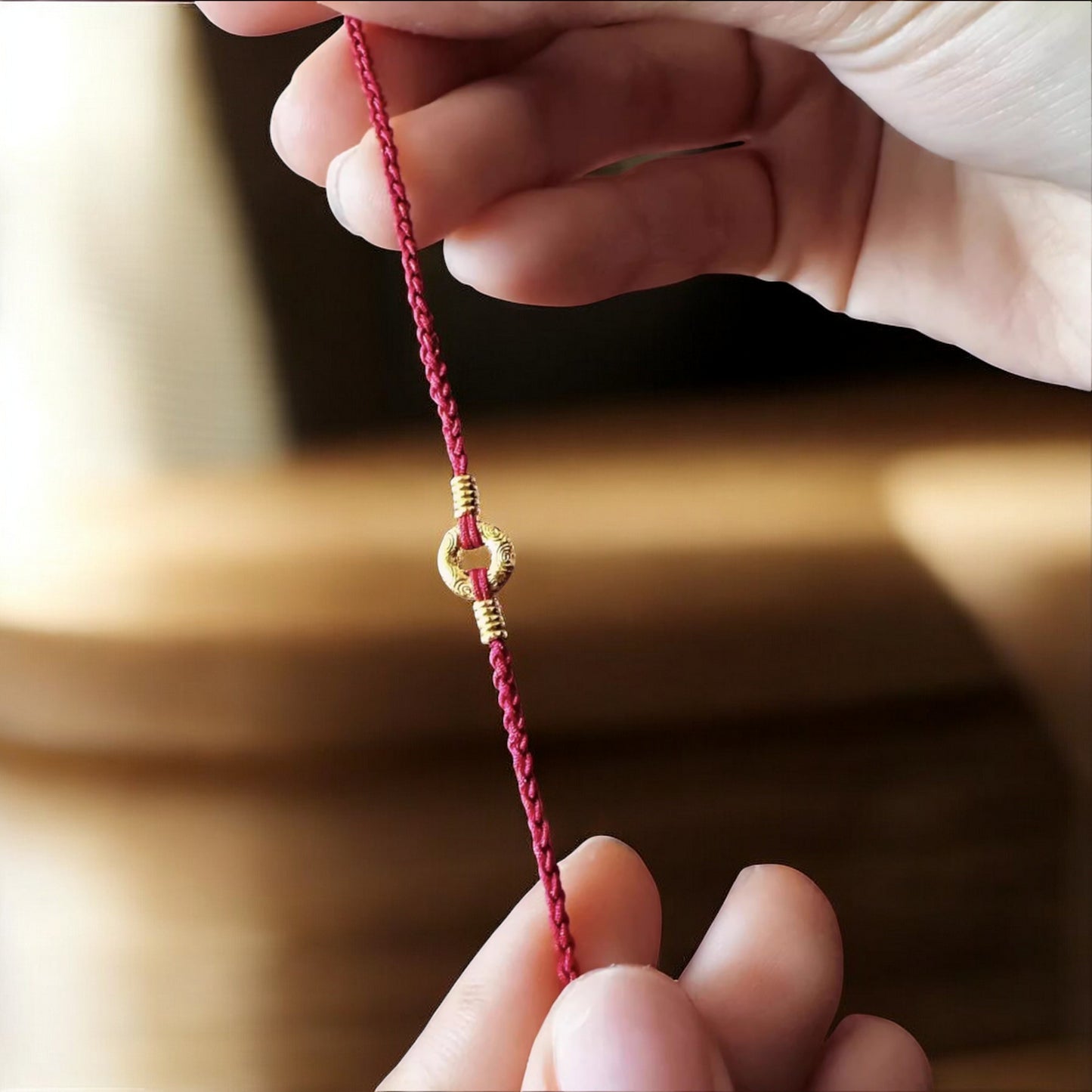 24K Pure 999 Gold Safety Buckle Lucky Cloud Round Charm Red Rope Adjustable Bracelet