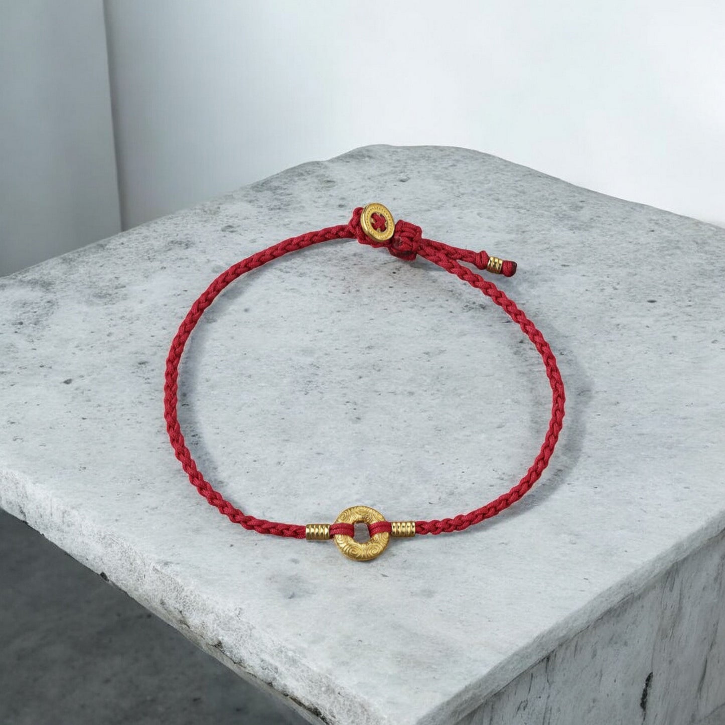 24K Pure 999 Gold Safety Buckle Lucky Cloud Round Charm Red Rope Adjustable Bracelet