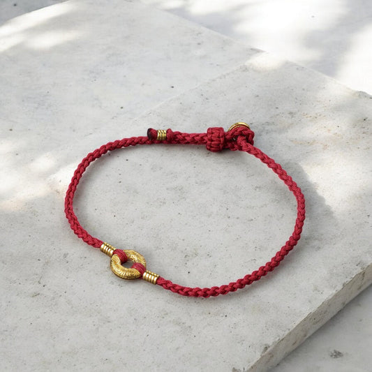 24K Pure 999 Gold Safety Buckle Lucky Cloud Round Charm Red Rope Adjustable Bracelet