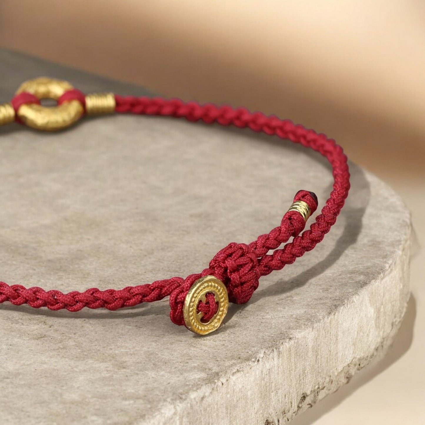 24K Pure 999 Gold Safety Buckle Lucky Cloud Round Charm Red Rope Adjustable Bracelet