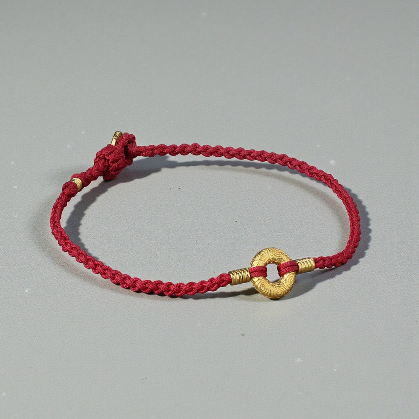 24K Pure 999 Gold Safety Buckle Lucky Cloud Round Charm Red Rope Adjustable Bracelet