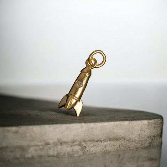 24K 999 Pure Gold Mini Ancient Style Space Rocket Moissanite D.I.Y Charm Pendant