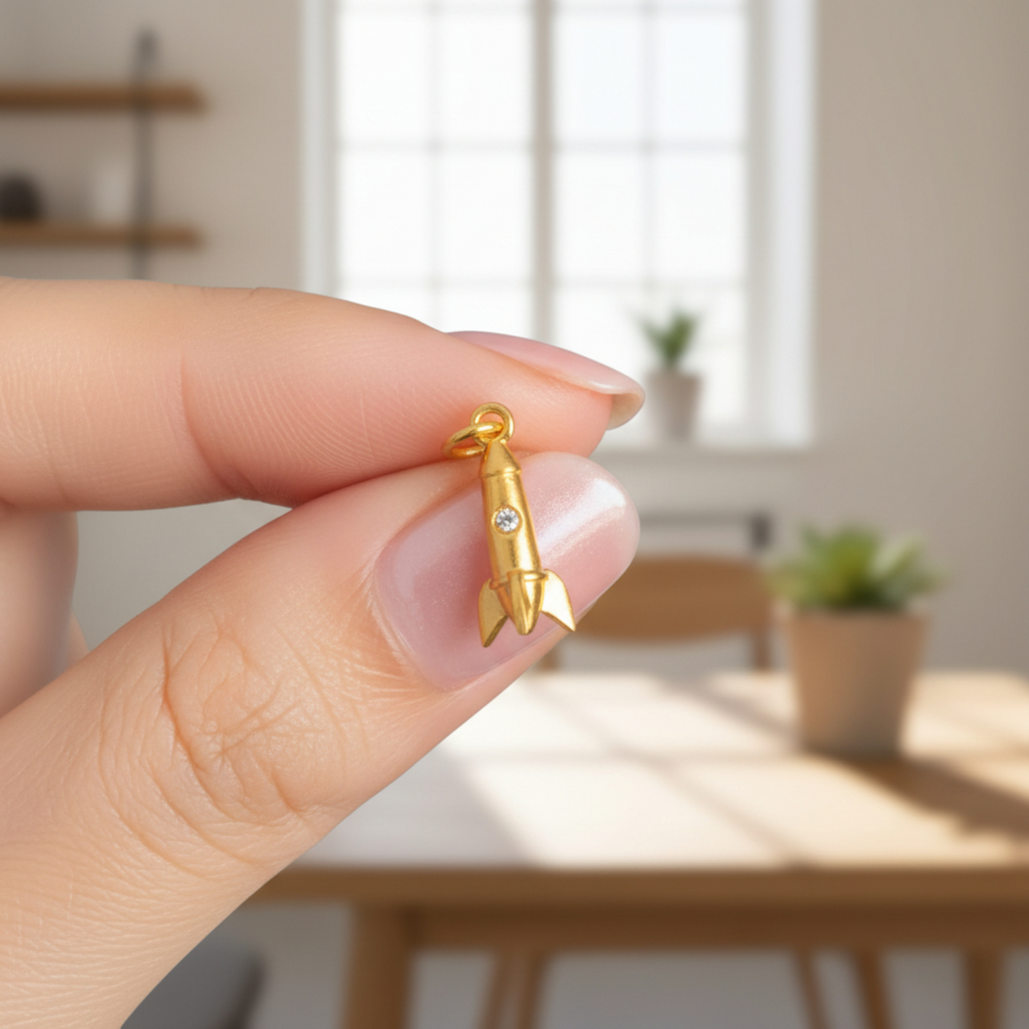 24K 999 Pure Gold Mini Ancient Style Space Rocket Moissanite D.I.Y Charm Pendant